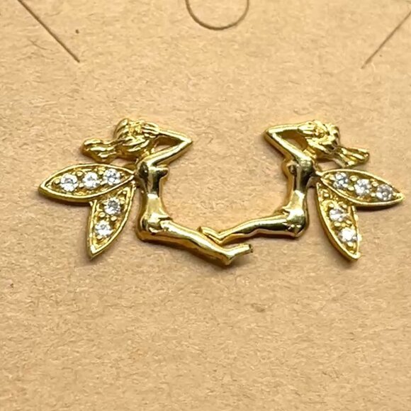 VINTAGE GOLD TONE FAIRY PIXIE STUD EARRINGS RHINESTONE WINGS WHIMSICAL CUTE - Picture 9 of 14